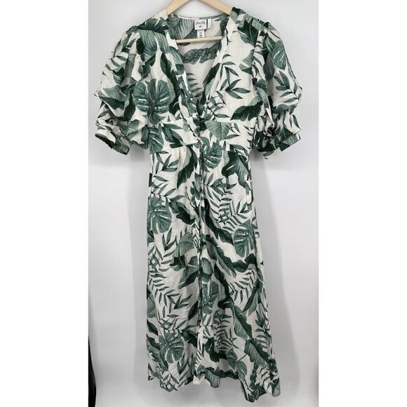 Johanna Ortiz x H&M Linen Blend Midi in Green Palm Leaf Dress Size XS Boho - Picture 4 of 5
